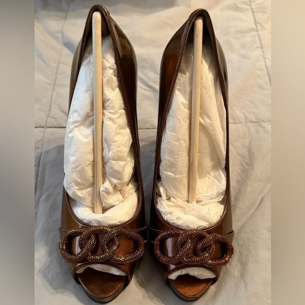 Jessica Simpson Brown Chain Peep-Toe Heels